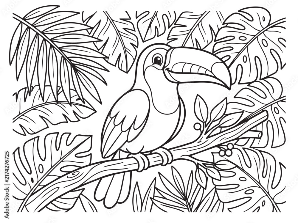 Naklejka premium Coloring Page Toucan Bird Sitting On A Tree Branch Surrounded By Tropical Leaves Line Art