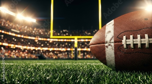 American football on a green field with goal post in stadium