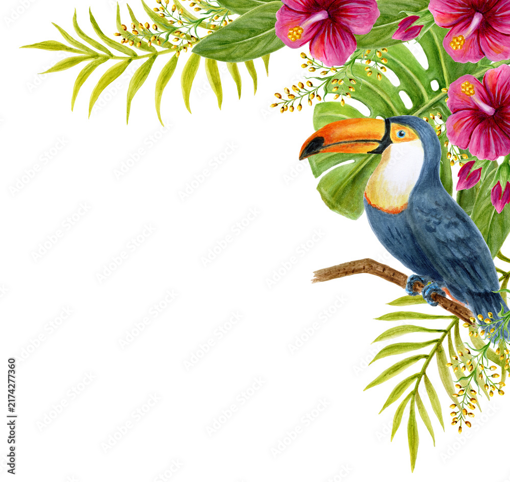 Fototapeta premium Tropical flowers corner frame with toucan. Watercolor painting with Hibiscus flowers and palm leaves. Tropic summer composition.