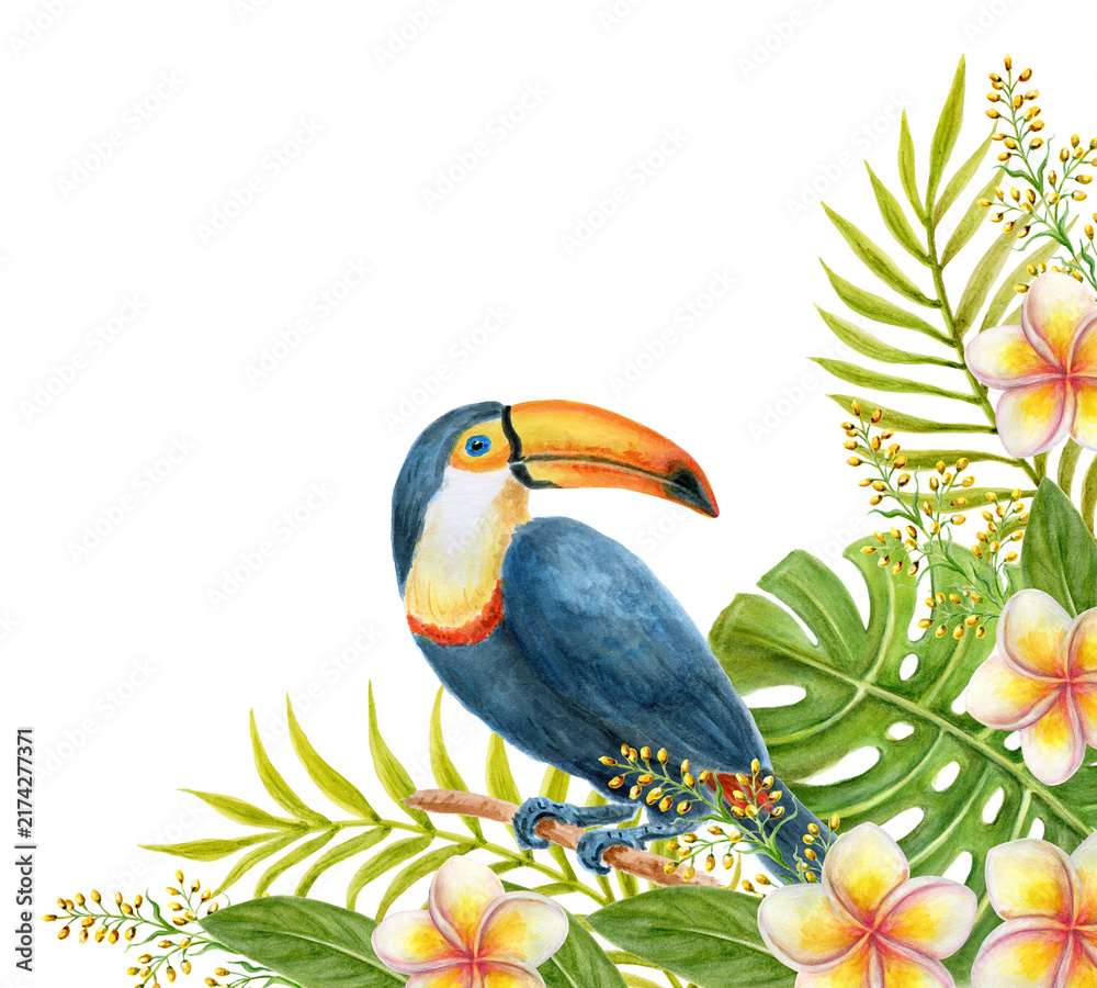 Fototapeta premium Tropical flowers corner frame with toucan bird. Watercolor painting with frangipani flowers and palm leaves. Tropic summer composition.