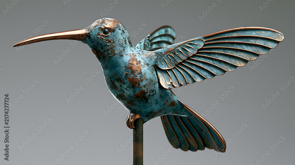 Fototapeta premium Verdigris hummingbird garden stake features detailed metallic wings and beak