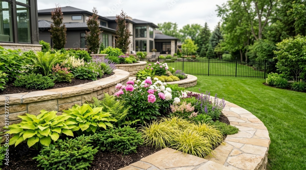 Fototapeta premium Beautiful landscape design in a residential home garden.