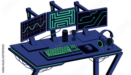 Futuristic gaming workstation vector, triple monitor desk setup office