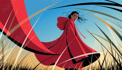 Mysterious woman in a red hooded cloak standing in a grassy field, vector illustration