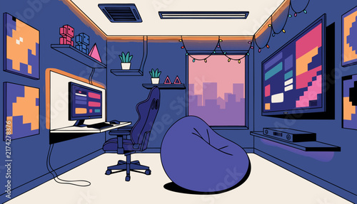 Futuristic gaming room vector, colorful computer workspace interior