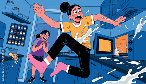Surprised woman jumping from exploding microwave in kitchen vector illustration