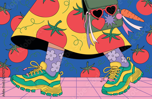 Stylish vector person walking in tomato print skirt and sneakers on blue background