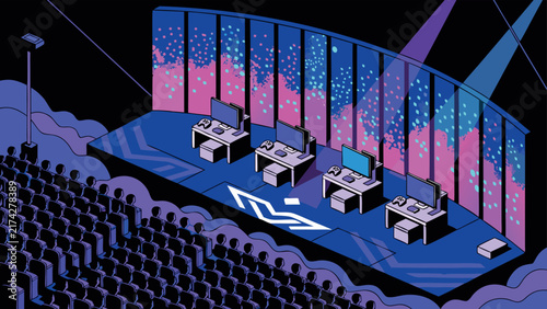 Esports tournament stage vector illustration with gaming stations and audience in arena