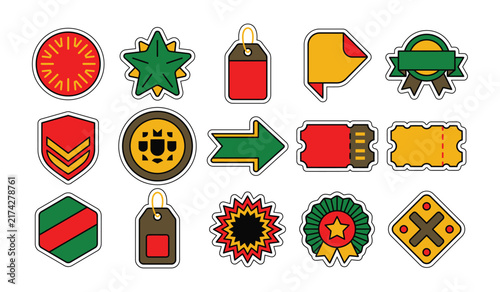 Sticker Bundle Collection Of Colorful Sale Badges, Price Tags, Tickets, Ribbons, Arrows, Labels, Discount Icons And Promotional Emblems