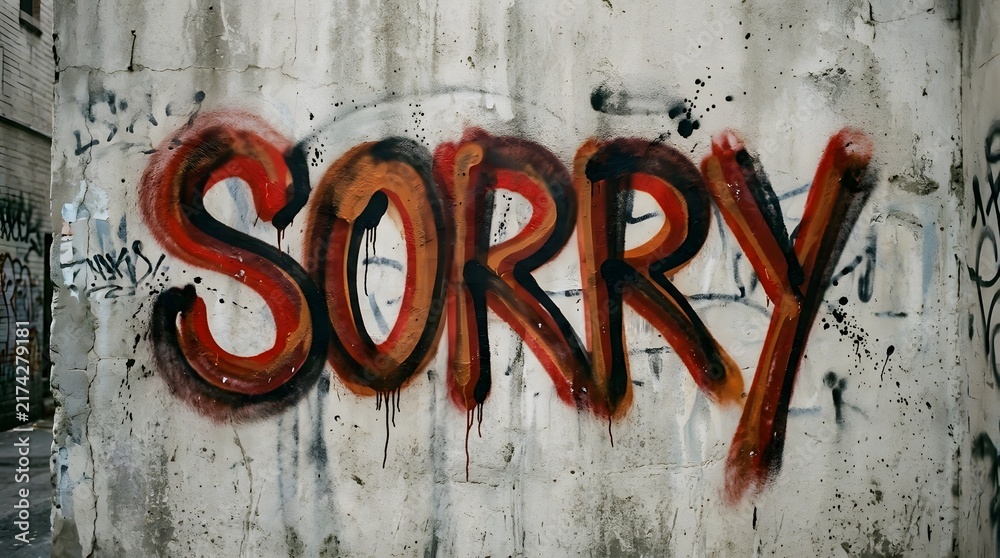 Naklejka premium Large orange and black Sorry graffiti lettering painted on a distressed concrete wall, featuring rough textures and a bold expressive urban appearance.