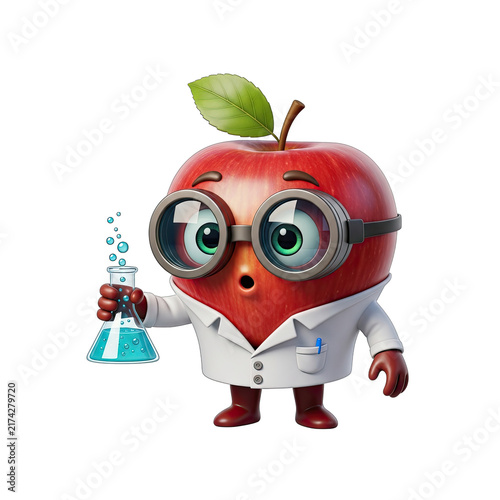 Cartoon Apple Scientist with Flask, Wearing Lab Coat and Goggles