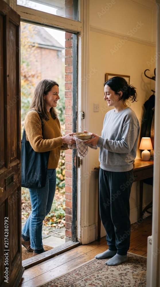 Fototapeta premium Friend brings warm meal to recovering friend