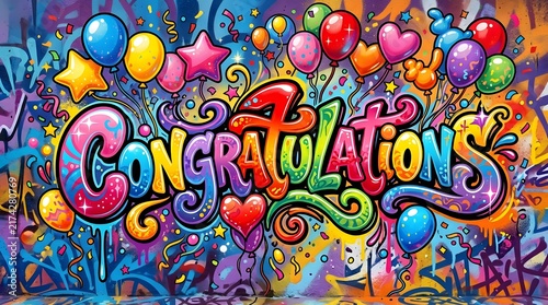 Playful Congratulations graffiti surrounded by colorful balloons, hearts, stars, and swirling decorative elements, creating a cheerful birthday and celebration design.