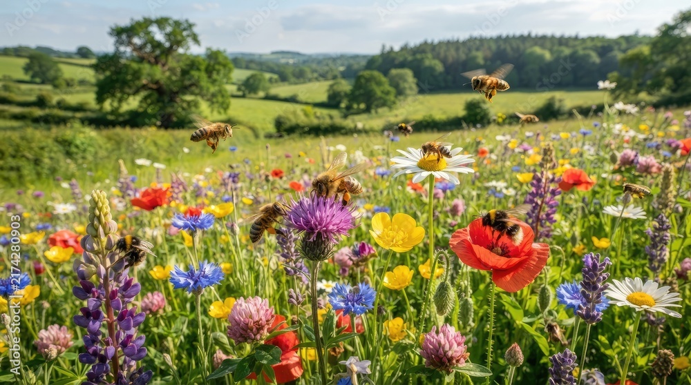 Obraz premium Several bees are actively flying among a vibrant wildflower meadow.