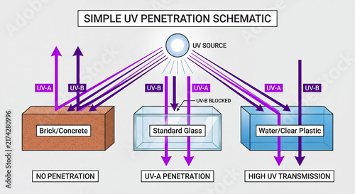 Simple ultraviolet light penetration and transmission schematic across different materials