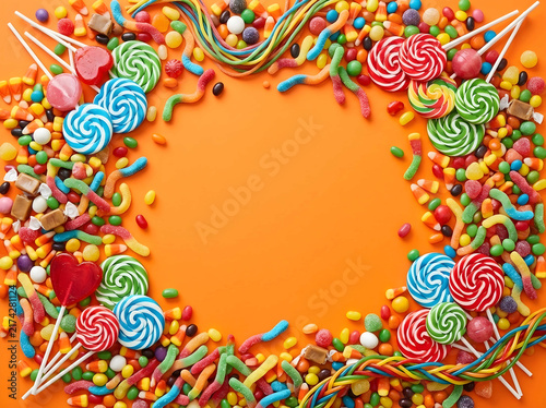 Assorted Halloween colorful candies and lollipops frame on orange background with center copyspace.