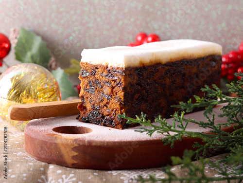 Christmas rich fruit cake on board