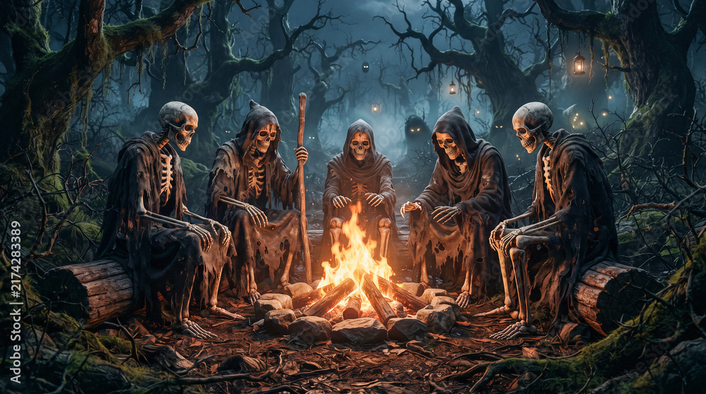 Fototapeta premium Esqueletos encapuchados reunidos alrededor de una hoguera en un bosque oscuro durante Halloween, con calabazas iluminadas y una atmósfera misteriosa y sobrenatural.