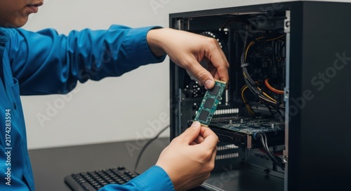 Plakat A faceless engineer skillfully installs a computer hardware component, upgrading technology and system performance