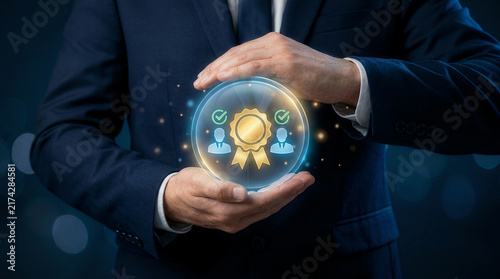 Hands holding holographic certification badge sphere award