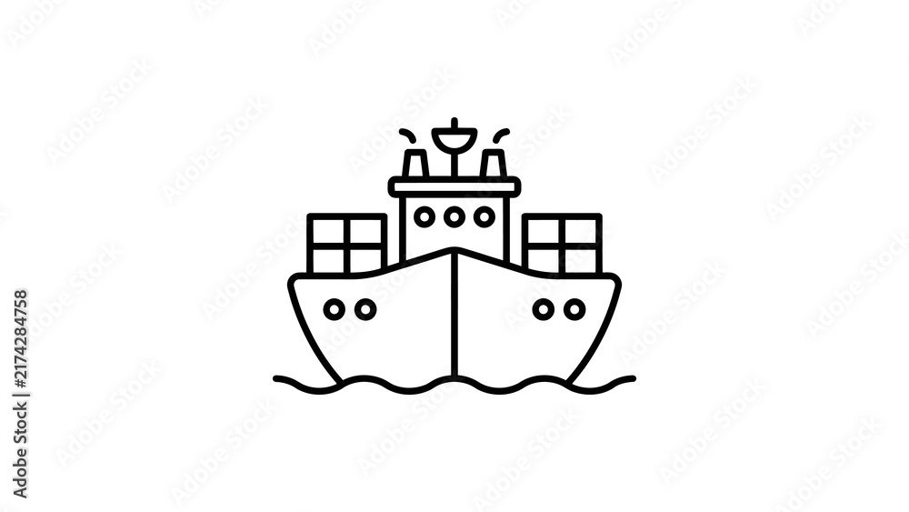 Fototapeta premium Cargo ship line icon with containers and waves for maritime logistics.