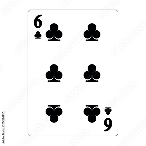 Six of clubs. Playing card with golden elements. Casino icons. Pictograms representing different suits. Vector illustration. Flat design for modern visual elements.