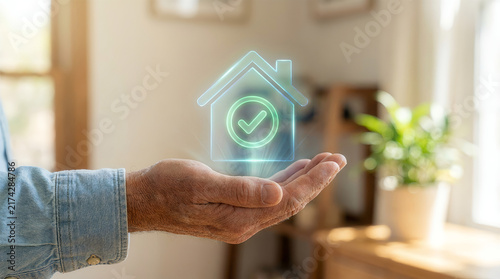 Hand holding holographic house icon with checkmark symbol