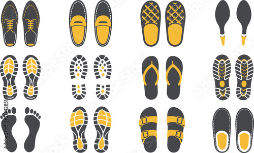 Set of diverse shoe styles and sole tread pattern icons