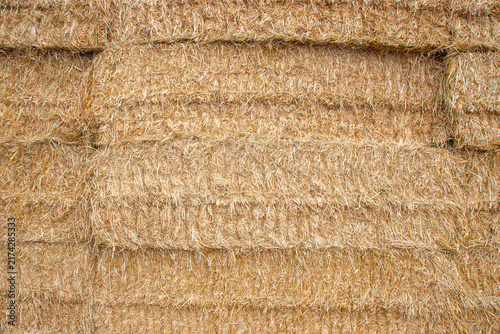 Hay bales stacked neatly in a barn or farm area during daylight hours