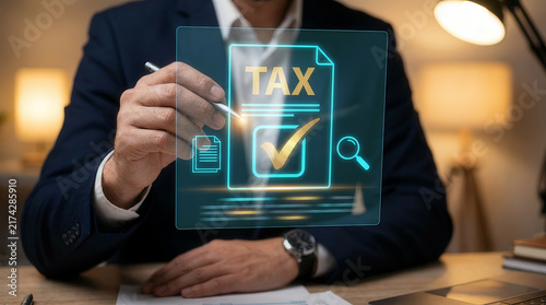 Hand with pen checking holographic tax document checklist