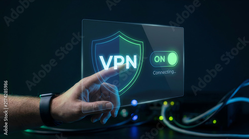 Hand touching holographic VPN shield connection icon