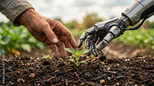 Human hand and robotic hand touching a young green plant sprout together.