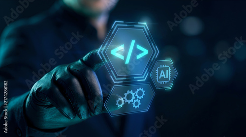 Gloved hand touching holographic coding and AI hexagon icons
