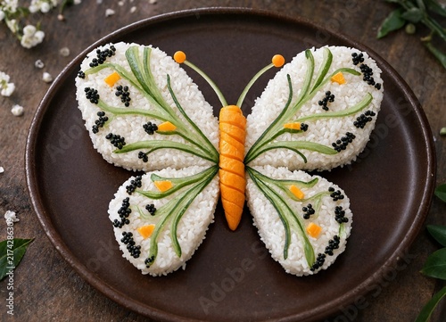 Creative butterfly shaped rice dish decorated with vegetables and caviar on a plate