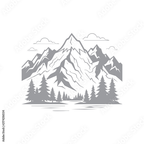 Mountain Landscape with Pine Trees and Lake Illustration