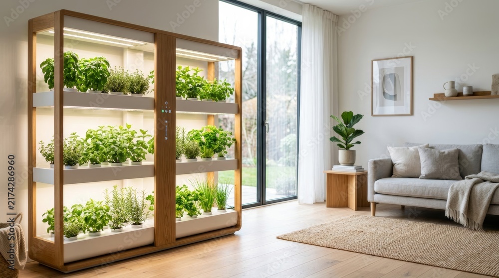 Fototapeta premium Modern indoor vertical hydroponic herb garden shelf in bright living room.