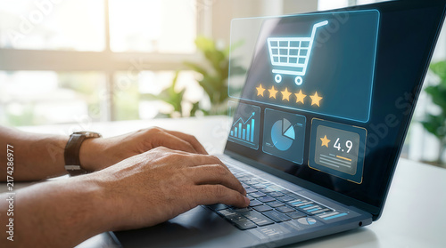 Hands typing on laptop with holographic shopping cart rating