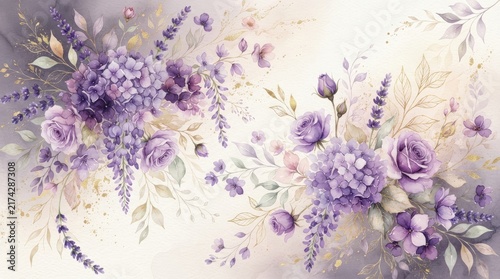 A watercolor painting showcases a lavish arrangement of purple flowers, primarily hydrangeas and roses, accented with lavender sprigs.