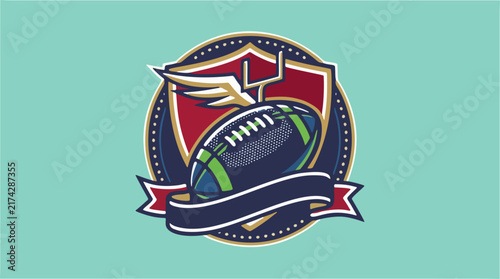 America football logo featuring a stylized winged ball, goalposts, and a shield crest with a red ribbon banner set against a circular navy background and vibrant teal field.