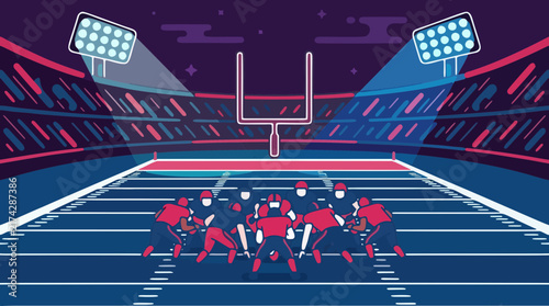 America football game illustration showing players in uniform on the field during a night match under bright stadium lights with goalpost and stylized crowd in background.