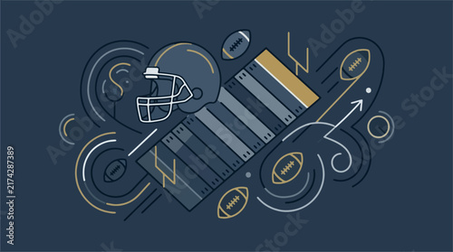 Minimalist vector illustration of america football icons including a field, helmet, and balls with tactical play lines on a dark blue background for sports design.