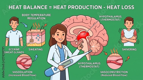 Physiologist explaining human body heat balance and thermoregulation process infographic