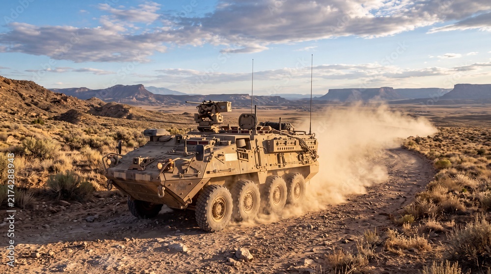 Obraz premium Armored military combat vehicle speeding on dirt road kicking up dust in arid desert landscape.