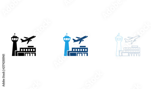 Airport terminal building and control tower icon set in different visual styling options.