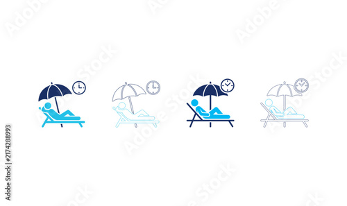 Relaxing person resting on beach lounger chair under umbrella with clock countdown icon.