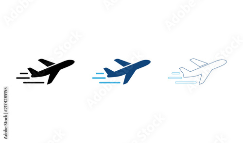 Set of three minimal airplane flight speed icons with solid black and blue color variants.