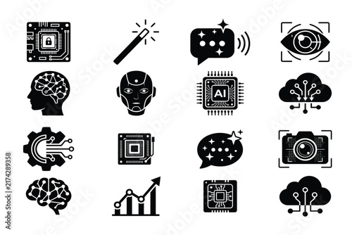 Features artificial intelligence glyph icons, including chip, magic wand, chat, eye scan, brain, robot, and cloud. Editable stroke.