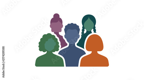 Stylized group of people icons with varied hairstyles and colors on transparent background.
