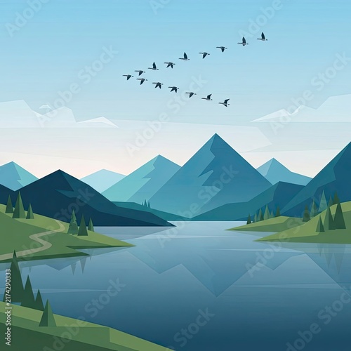Geese flying in V formation over mountain lake
