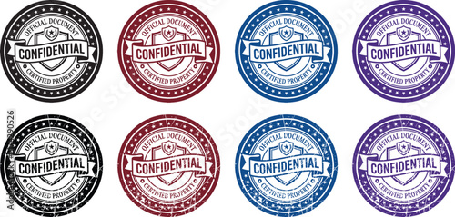 Official document confidential round stamps with shield emblem and banner set in clean and grunge styles